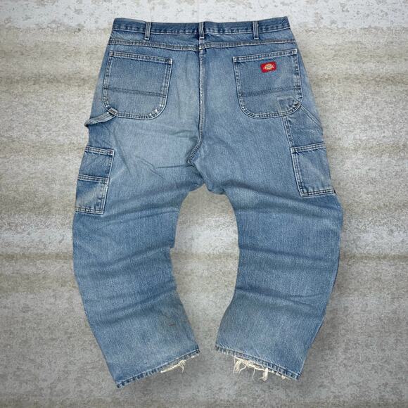 Vintage Dickies Carpenter Jeans Double Knees Baggy Wide Leg Light Wash Denim 90s - Picture 1 of 12